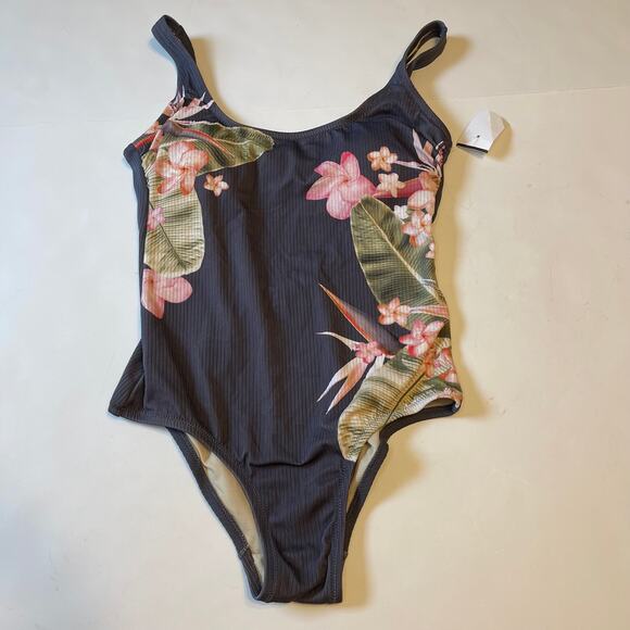 Kona Sol Gray Floral One Piece Tank Swimsuit, S, NWOT - Picture 3 of 6